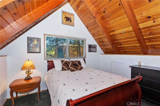 bedroom featuring dark colored carpet, vaulted ceiling with beams, and wood ceiling