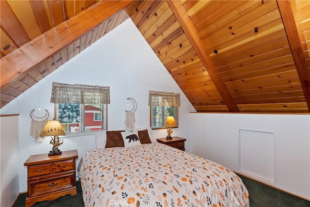 bedroom featuring vaulted ceiling with beams, wood ceiling, and dark colored carpet