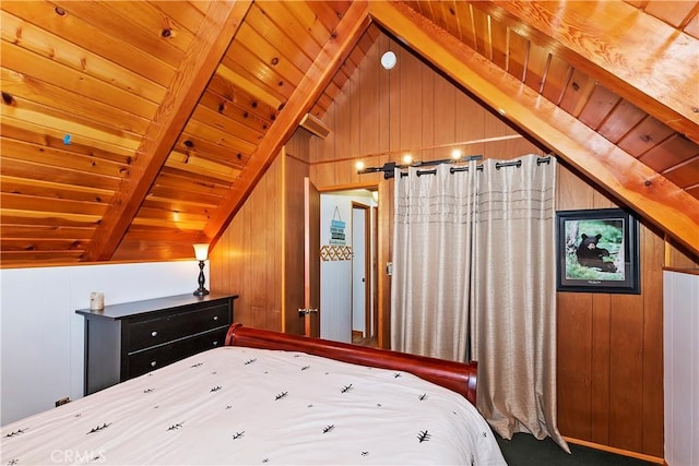 unfurnished bedroom with lofted ceiling with beams, wood walls, and wooden ceiling