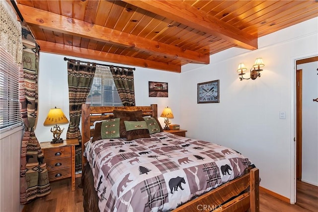 bedroom featuring multiple windows, hardwood / wood-style floors, beamed ceiling, and wood ceiling