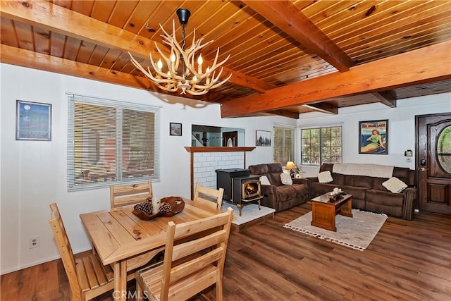 dining area with dark hardwood / wood-style floors, an inviting chandelier, a wood stove, and wooden ceiling