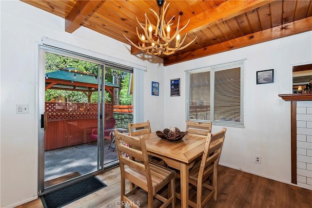 dining room featuring a chandelier, beamed ceiling, wooden ceiling, and hardwood / wood-style flooring