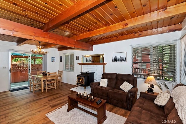 living room featuring hardwood / wood-style floors, a wood stove, and a wealth of natural light