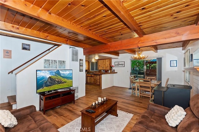 living room with hardwood / wood-style flooring, a notable chandelier, wood ceiling, and beamed ceiling