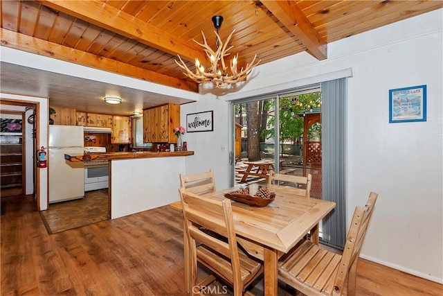 dining space featuring a chandelier, wood-type flooring, beamed ceiling, and wood ceiling