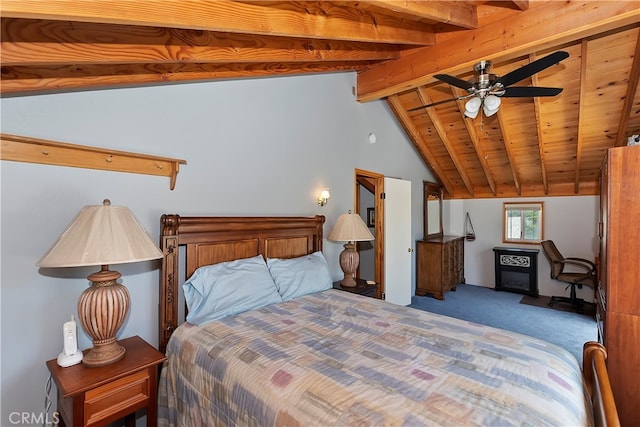 carpeted bedroom featuring wooden ceiling, lofted ceiling with beams, and ceiling fan