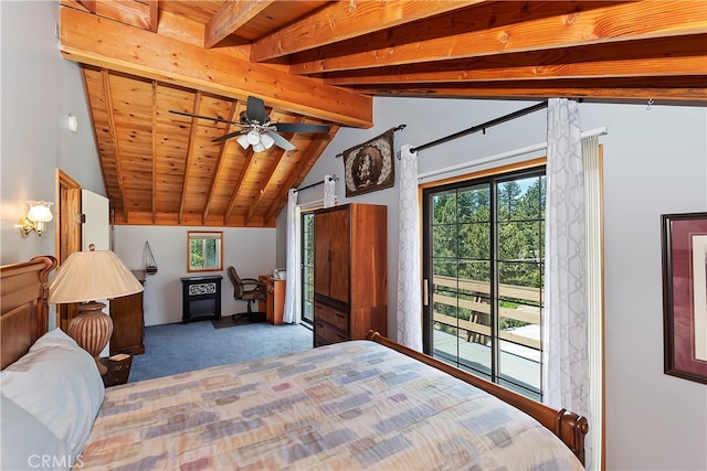 carpeted bedroom with wood ceiling, lofted ceiling with beams, access to exterior, and multiple windows