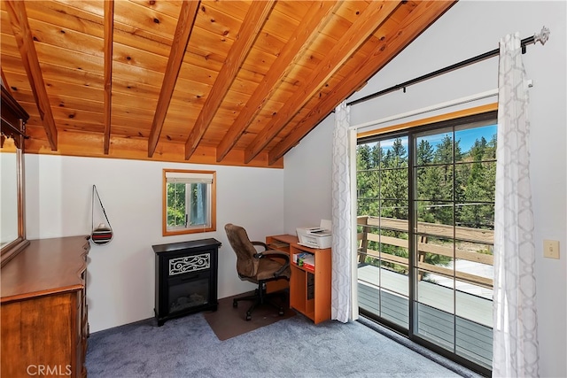 home office with carpet, lofted ceiling with beams, and wood ceiling