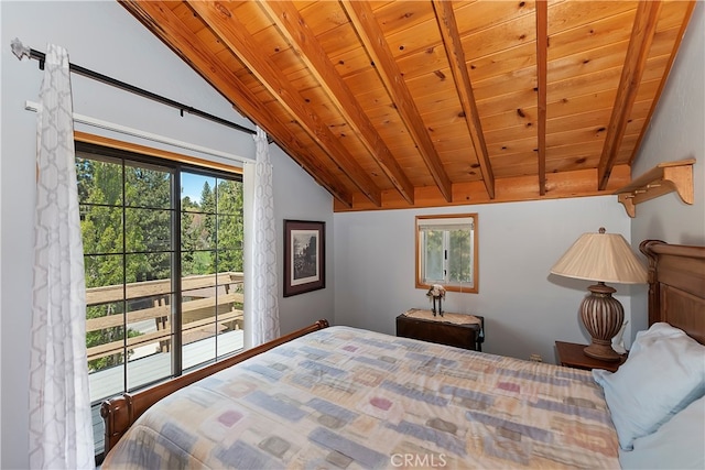 bedroom featuring lofted ceiling with beams and wood ceiling