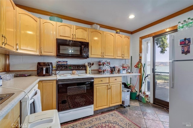 kitchen with crown molding, tasteful backsplash, light brown cabinetry, and white appliances