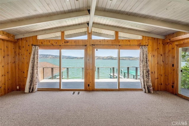 interior space featuring a water and mountain view, carpet flooring, and plenty of natural light