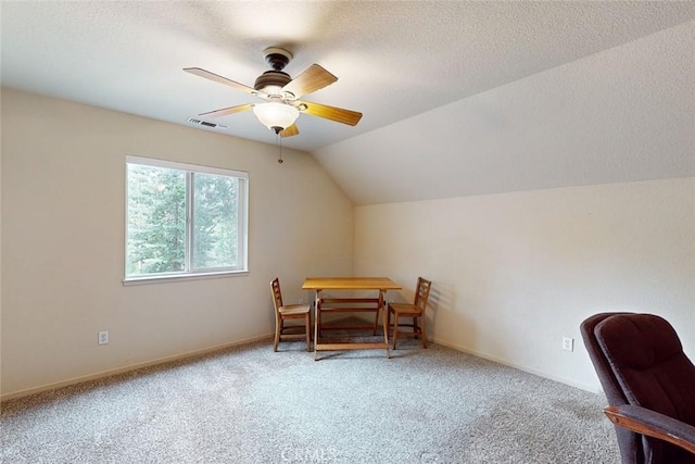 additional living space with a textured ceiling, light carpet, ceiling fan, and lofted ceiling