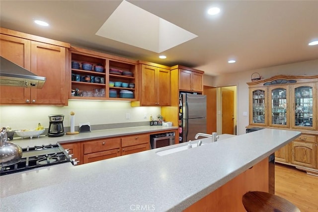 kitchen with light hardwood / wood-style floors, sink, kitchen peninsula, and stainless steel appliances