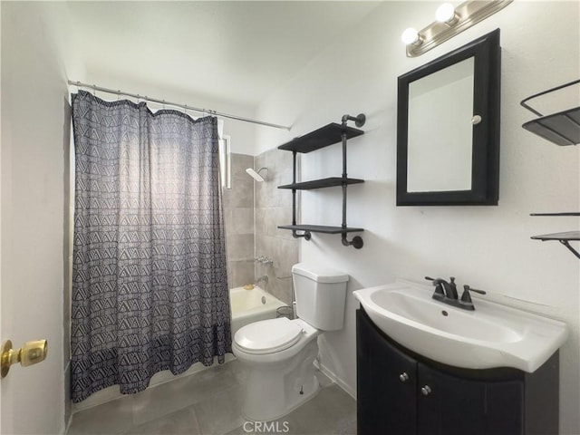 full bathroom featuring shower / tub combo with curtain, vanity, toilet, and tile patterned floors