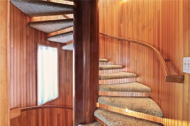 stairway with wood walls and a healthy amount of sunlight