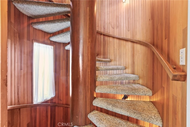 stairway with wood walls