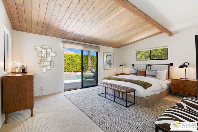 bedroom featuring light carpet, lofted ceiling with beams, access to outside, and wooden ceiling