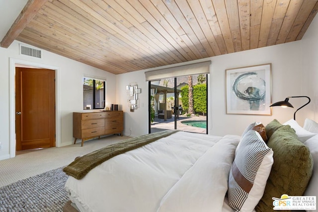 carpeted bedroom featuring vaulted ceiling with beams, access to outside, multiple windows, and wood ceiling