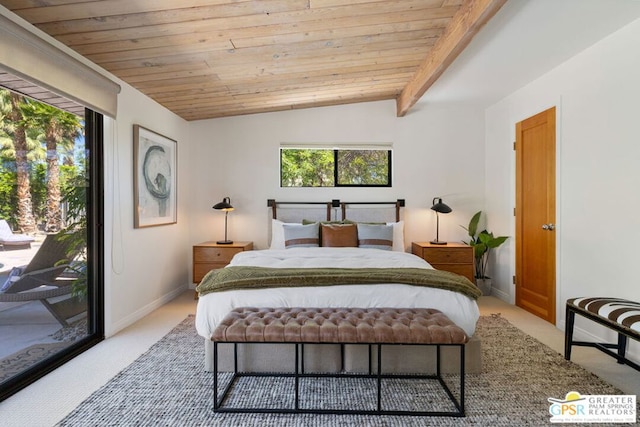 carpeted bedroom with lofted ceiling with beams, access to outside, and wooden ceiling