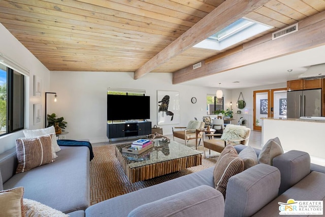 living room featuring wooden ceiling, lofted ceiling with skylight, and a healthy amount of sunlight