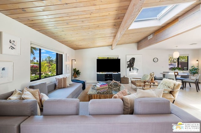 living room featuring tile patterned flooring, wood ceiling, and vaulted ceiling with skylight