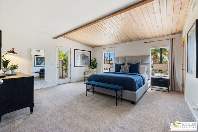 bedroom featuring access to exterior, light colored carpet, wood ceiling, and vaulted ceiling