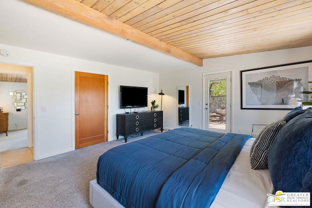 bedroom featuring carpet flooring, lofted ceiling with beams, access to exterior, and wood ceiling