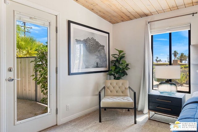 sitting room featuring a healthy amount of sunlight, carpet, and wooden ceiling