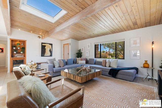 tiled living room with lofted ceiling with skylight and wood ceiling