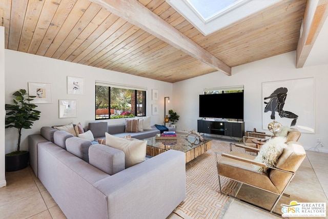 living room featuring lofted ceiling with skylight, wooden ceiling, and light tile patterned flooring