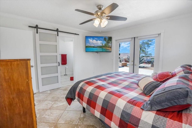 bedroom with ceiling fan, access to outside, french doors, crown molding, and a barn door