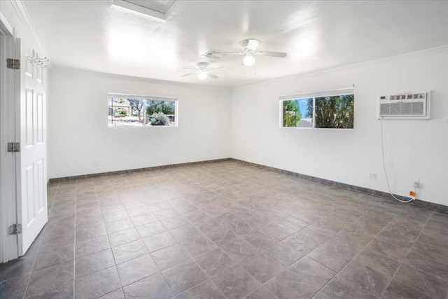 unfurnished room featuring ceiling fan, a wall mounted air conditioner, and ornamental molding