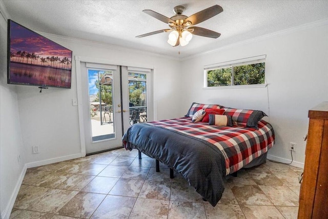 bedroom with a textured ceiling, access to exterior, ornamental molding, ceiling fan, and french doors