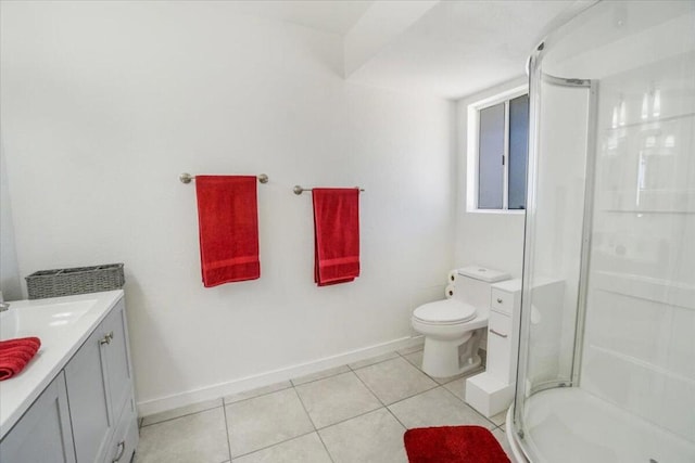 bathroom with tile patterned floors, walk in shower, vanity, and toilet