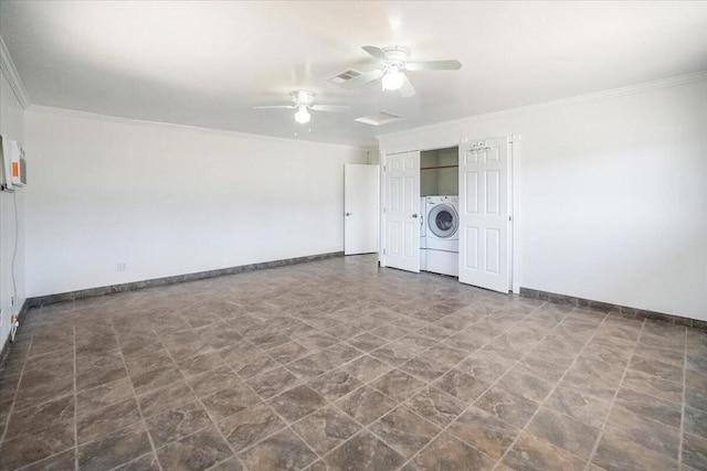 unfurnished room featuring ceiling fan, crown molding, and washer / dryer