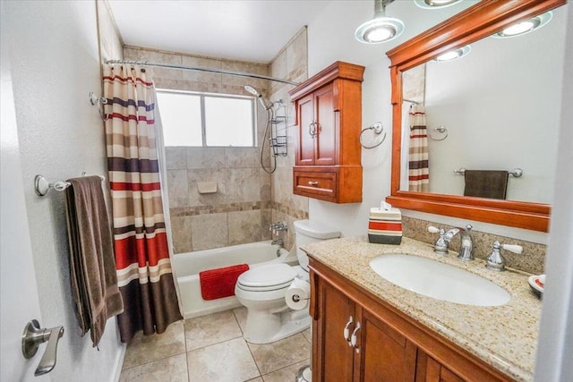 full bathroom with vanity, toilet, shower / bathtub combination with curtain, and tile patterned floors