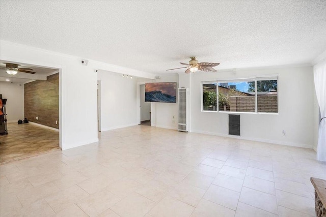 unfurnished living room featuring ceiling fan, a textured ceiling, and light tile patterned floors