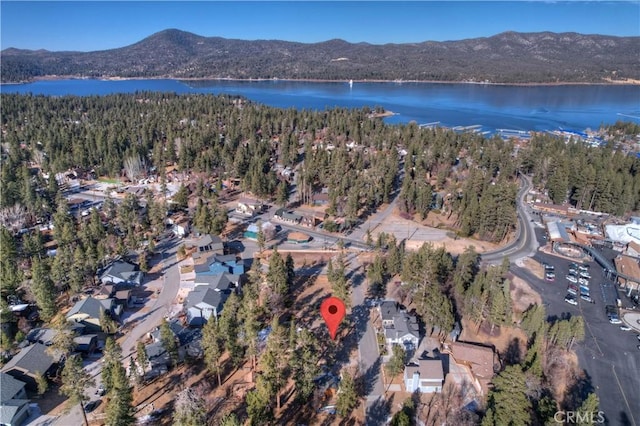 drone / aerial view with a water and mountain view