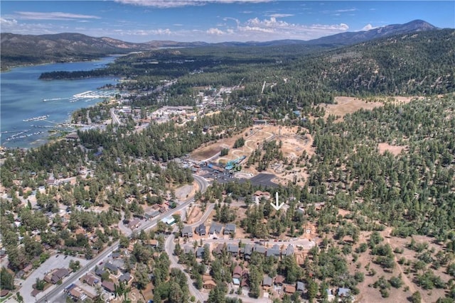 birds eye view of property with a water and mountain view