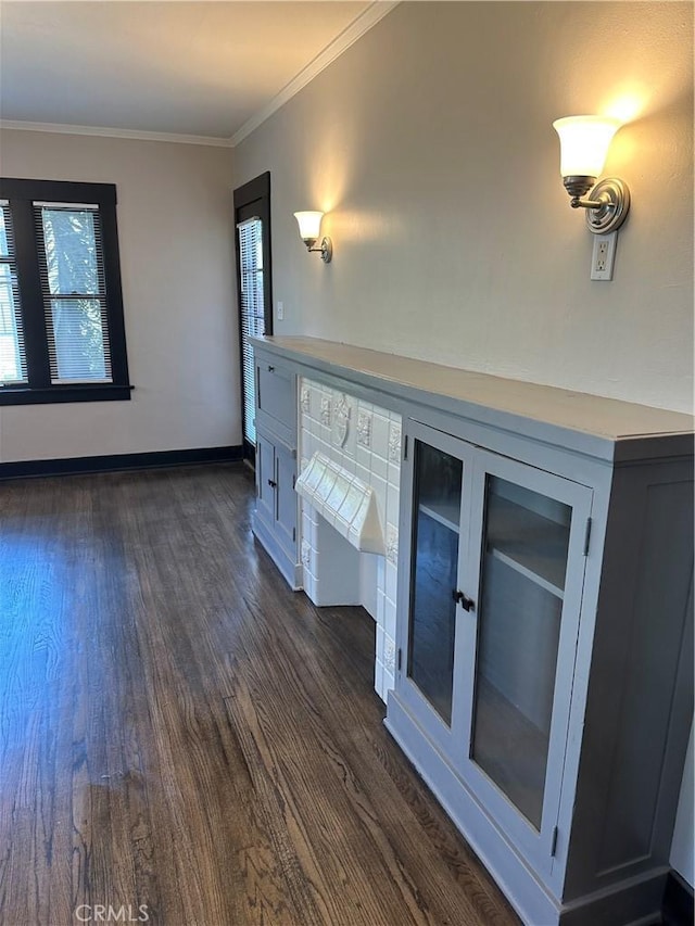 interior space featuring crown molding, dark wood-type flooring, and a wealth of natural light