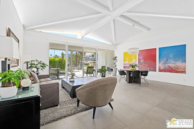 living room with beam ceiling, a textured ceiling, high vaulted ceiling, and a notable chandelier