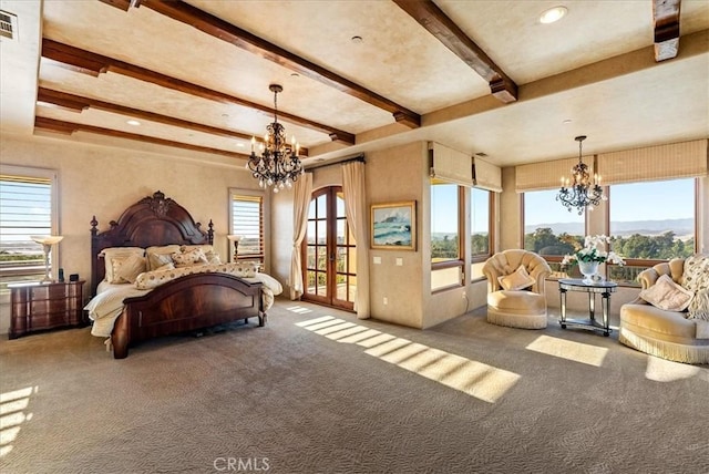 carpeted bedroom featuring a notable chandelier, beam ceiling, and a mountain view