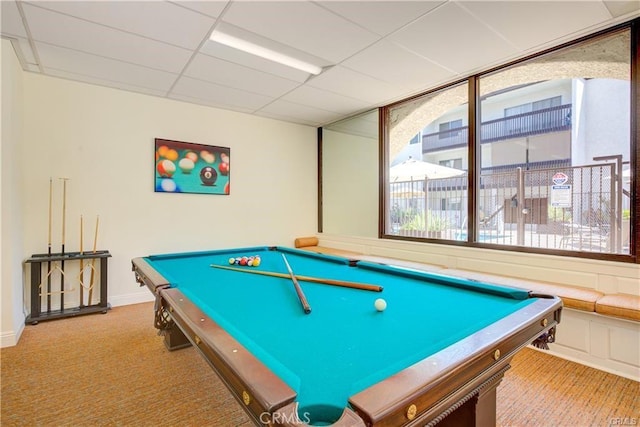 playroom featuring light carpet, a paneled ceiling, and pool table