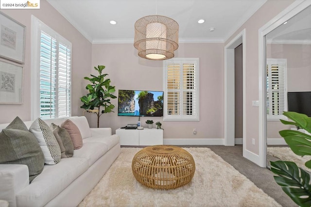 carpeted living room featuring ornamental molding