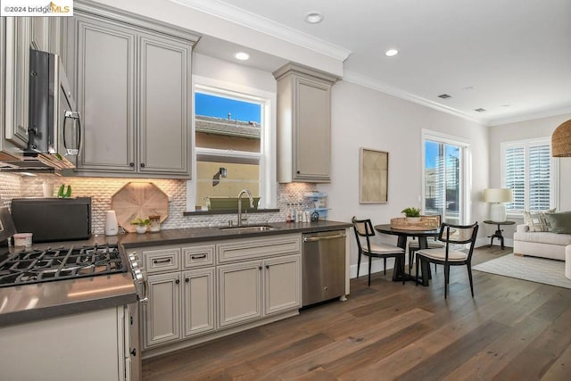 kitchen with gray cabinetry, sink, ornamental molding, dark hardwood / wood-style flooring, and stainless steel appliances