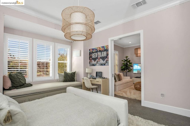 bedroom featuring carpet flooring and ornamental molding