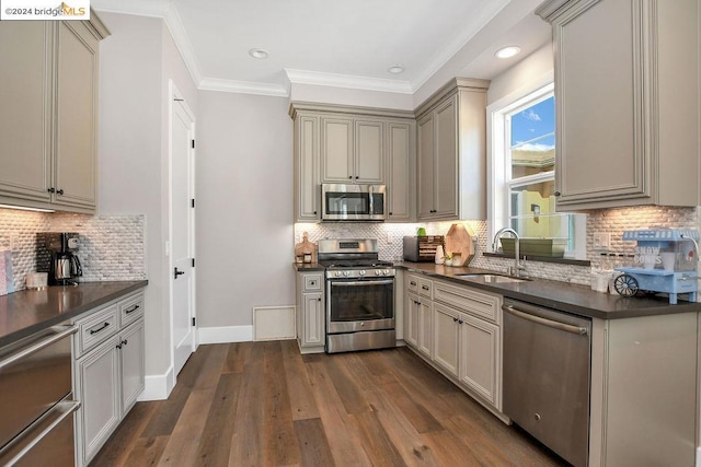 kitchen with backsplash, dark hardwood / wood-style floors, sink, and appliances with stainless steel finishes