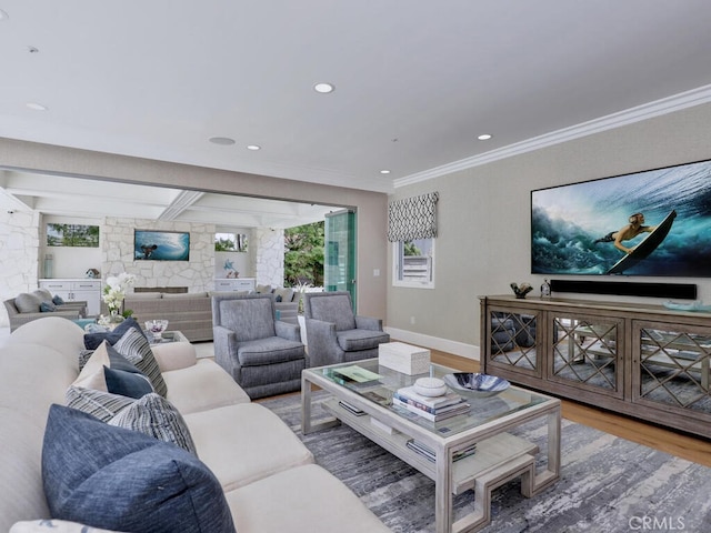 living room with a fireplace, hardwood / wood-style flooring, and ornamental molding