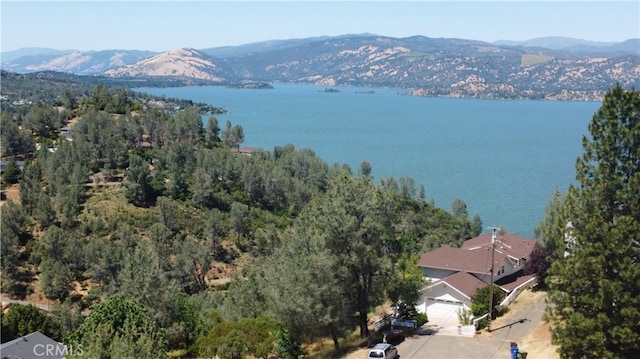 bird's eye view featuring a water and mountain view