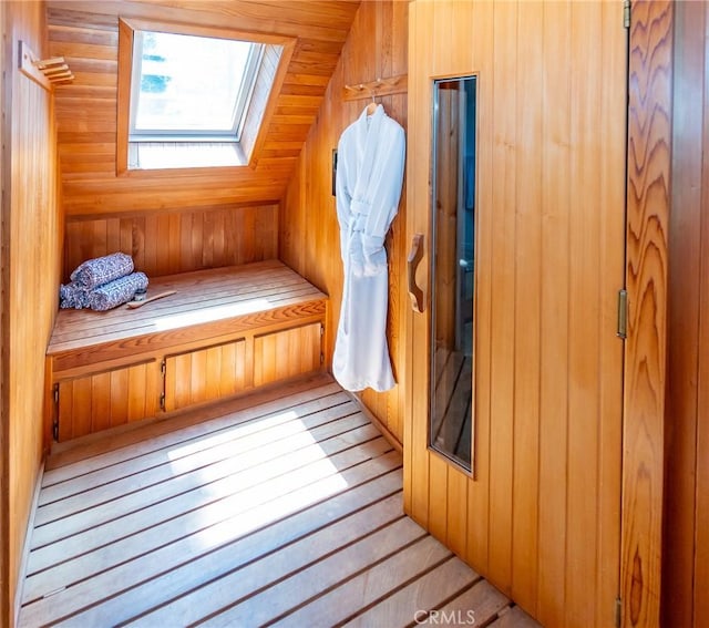 view of sauna featuring a skylight and hardwood / wood-style floors